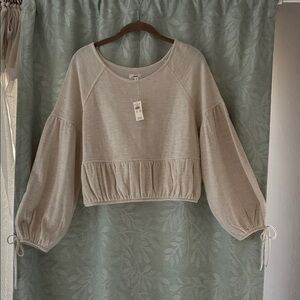 Aerie Light Tan Sheer Blouse with Puff Sleeves